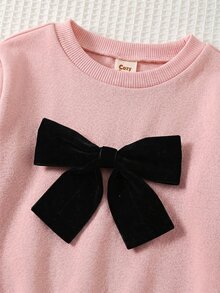 Cozy Pixies 女嬰對比蝴蝶結圓領長袖套頭運動衫＋純色鬆緊腰長褲 2件組，舒適百搭時尚，可愛休閒簡約基本款，適合秋冬室內、戶外滑雪、日常、運動、玩耍、派對 - 彩色 - 查看 4