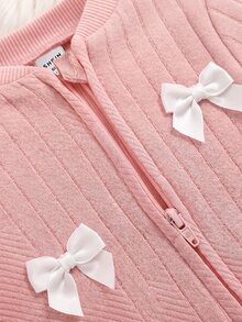 Cozy Pixies 新生女嬰裝飾蝴蝶結圓領長袖連腳連身衣 - 粉色 - 查看 4