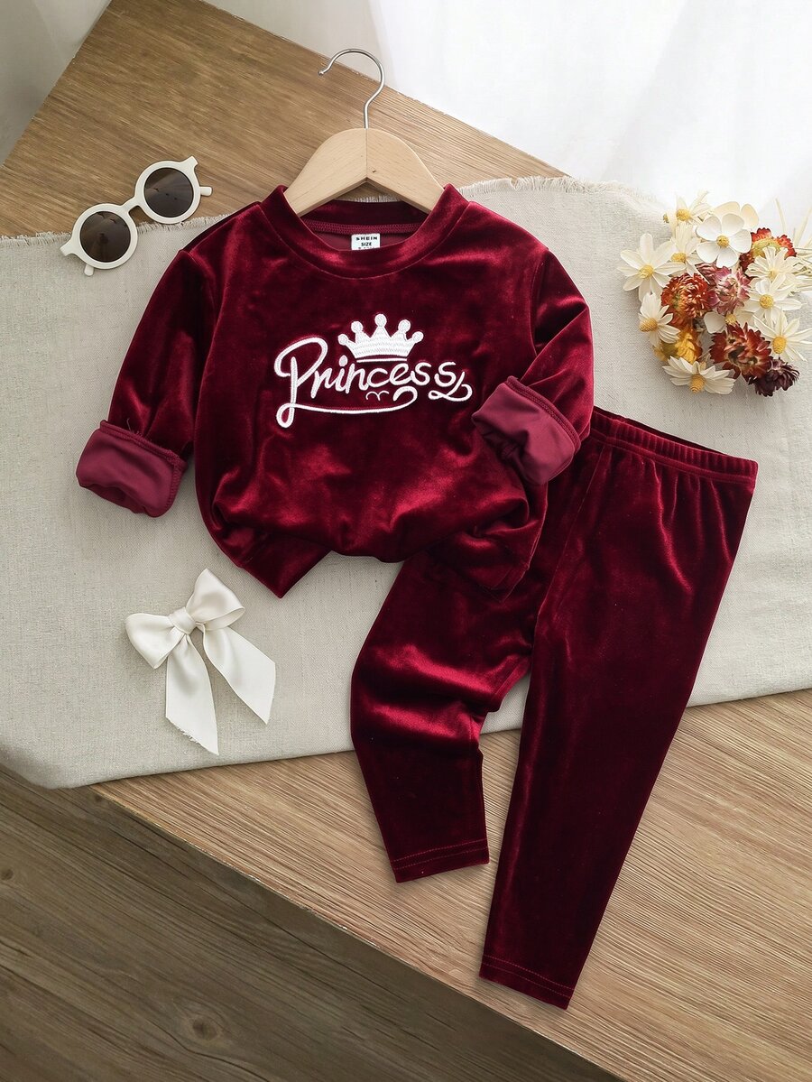 SHEIN Baby Girl Autumn/Winter Cute Burgundy Embroidered Pattern Hoodie & Pants Set Matching Sets Suitable For Christmas - Burgundy - View 1