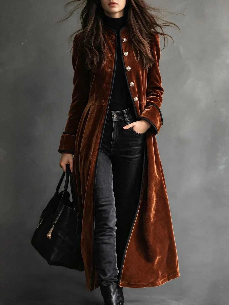 LUMIGAL Solid Button Front Long Coat - Orange - View 1