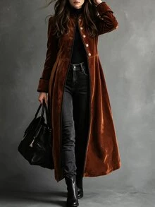 LUMIGAL Solid Button Front Long Coat - Orange - View 5