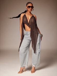 Denimoi Women's Asymmetrical Backless Halter Neck Top, Summer - Brown - View 2