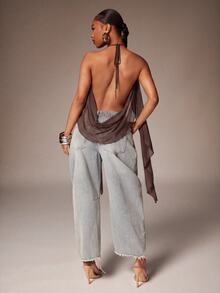 Denimoi Women's Asymmetrical Backless Halter Neck Top, Summer - Brown - View 5