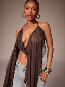 Denimoi Women's Asymmetrical Backless Halter Neck Top, Summer - Brown - View 3