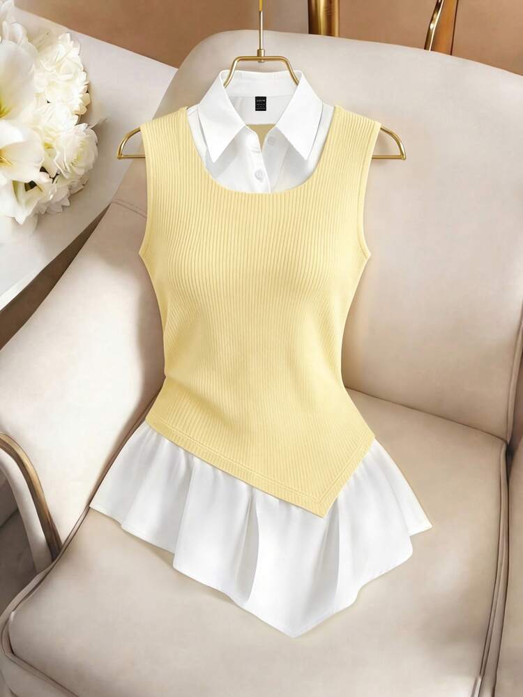 Franclia White And Yellow Knit Patchwork With White Woven Skirt Set,Summer,Elegant And Classy,School,Back-To-School,Slim Cute Minimalist Commuting Versatile - Light Yellow - View 3