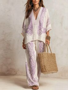 Glimmora Beach Vacation Style Exotic Lavender Print Set, Bohemian Lazy Loose Fit Women's 2 Pieces Outfit - Purple - View 3