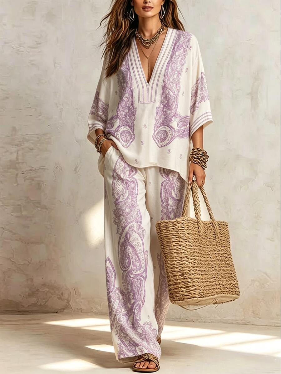 Glimmora Beach Vacation Style Exotic Lavender Print Set, Bohemian Lazy Loose Fit Women's 2 Pieces Outfit - Purple - View 1