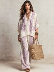 Glimmora Beach Vacation Style Exotic Lavender Print Set, Bohemian Lazy Loose Fit Women's 2 Pieces Outfit - Purple - View 4