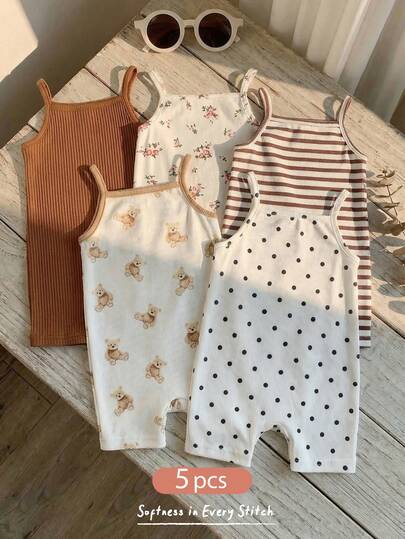 Cozy Pixies 5pcs Baby Girl Toddlers Cute Cartoon Knit Solid Color, Polka Dot, Floral, Bear Print Strap Romper Set