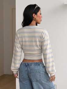 Coolane 女款韓系街頭風條紋拼色短版收腰長袖運動衫 - 白色 - 查看 7