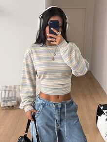 Coolane 女款韓系街頭風條紋拼色短版收腰長袖運動衫 - 白色 - 查看 3