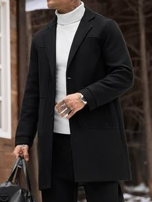 Manfinity CasualCool 男士成熟休閒純色羊毛長版大衣，節日禮物首選 - 黑色 - 查看 3