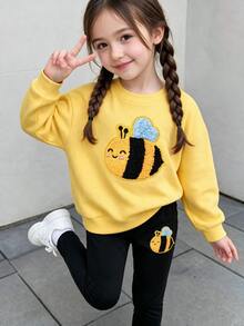 (1 Set) Autumn/Winter Young Girl Fresh Minimalist Cute Cartoon Bee Pattern Basic Crew Neck Sweatshirt With Leggings - Multicolor - View 1