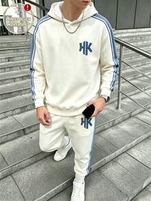 青少年男孩寬鬆連帽衛衣運動褲套裝，海軍藍配色白色對比條紋字母長袖，寬鬆連帽設計，適合秋季返校、六年級派對 - 彩色 - 查看 1