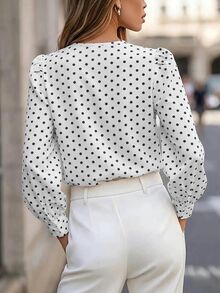 Editum Blusa de mujer de unicolor con cuello en V y manga larga, elegante y esencial para el transporte en verano y otoño, color blanco - Blanco y Negro - Ver 2