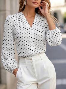 Editum Blusa de mujer de unicolor con cuello en V y manga larga, elegante y esencial para el transporte en verano y otoño, color blanco - Blanco y Negro - Ver 4