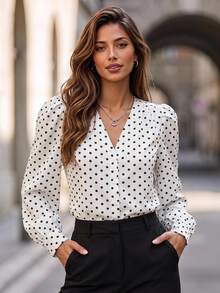 Editum Blusa de mujer de unicolor con cuello en V y manga larga, elegante y esencial para el transporte en verano y otoño, color blanco - Blanco y Negro - Ver 1