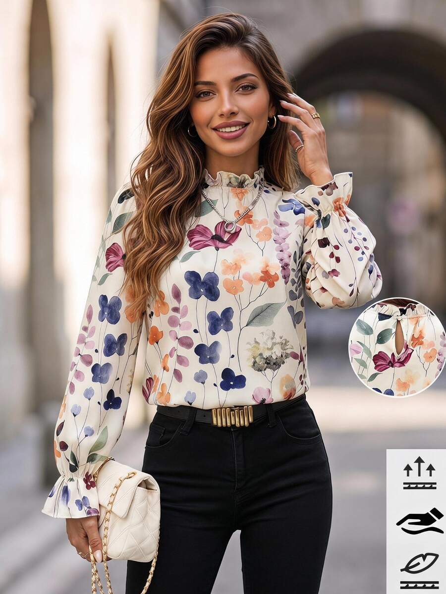 Editum Women's Elegant Versatile Floral Print Ruffle Sleeve Stand Collar Blouse Teachers' Day Office Beige Autumn - Multicolor - View 1