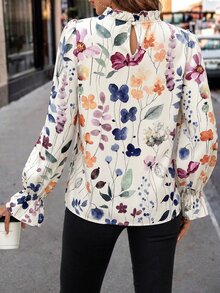 Editum Women's Elegant Versatile Floral Print Ruffle Sleeve Stand Collar Blouse Teachers' Day Office Beige Autumn - Multicolor - View 2
