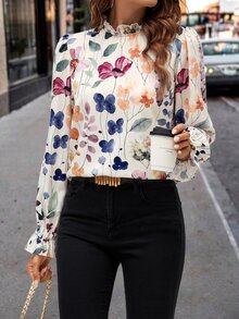 Editum Women's Elegant Versatile Floral Print Ruffle Sleeve Stand Collar Blouse Teachers' Day Office Beige Autumn - Multicolor - View 3