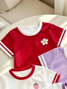 SHEIN Elladie kids (Random Pattern, 1 Pc Random) Girls' Fresh Daily Floral Red & White Contrast Butterfly Strawberry Grape Print Basic Short T-Shirt - Multicolor - View 5