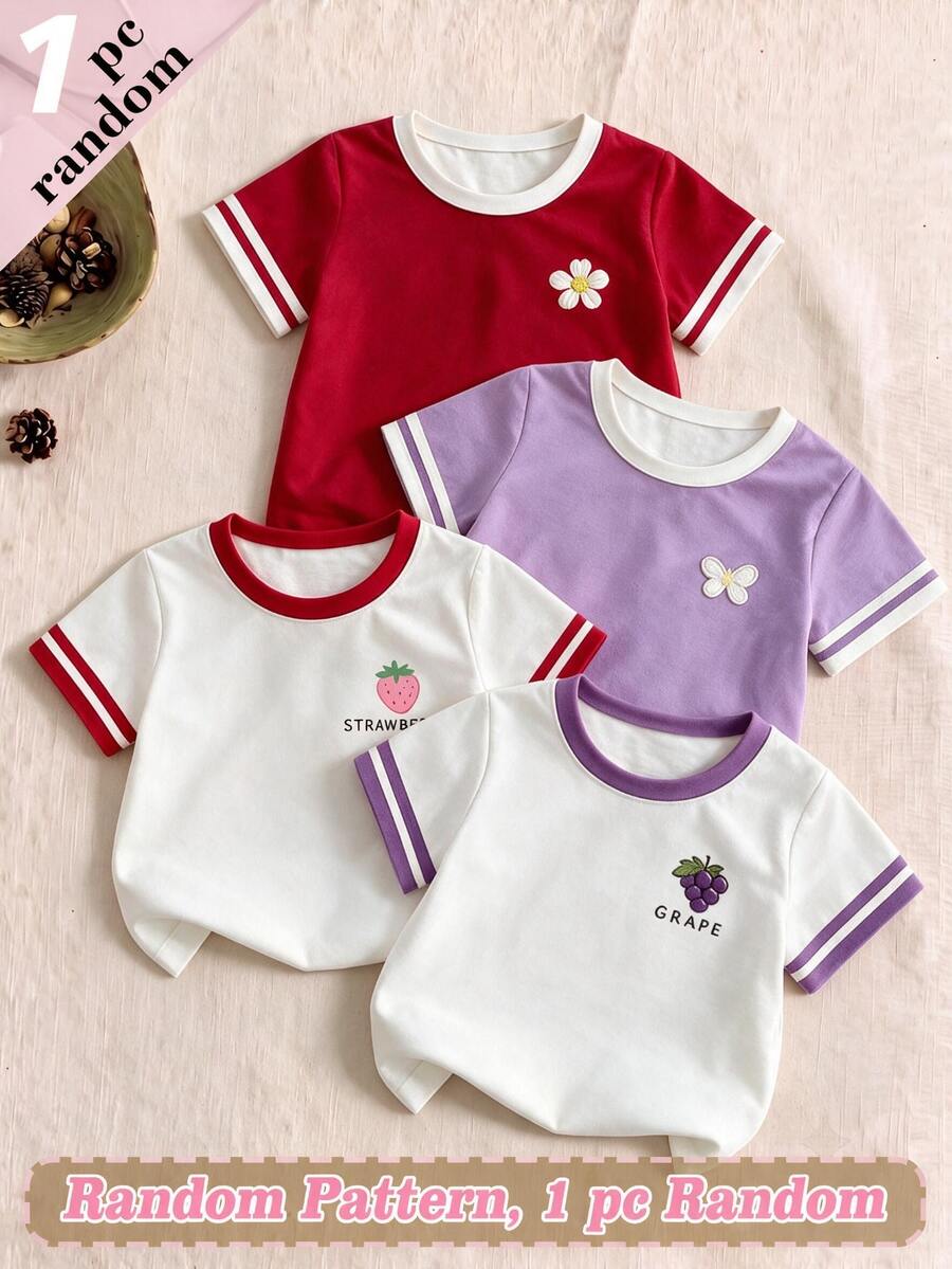 SHEIN Elladie kids (Random Pattern, 1 Pc Random) Girls' Fresh Daily Floral Red & White Contrast Butterfly Strawberry Grape Print Basic Short T-Shirt - Multicolor - View 1
