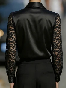 Editum Women's Elegant Sexy Commuter Night Out Dinner Lace Patchwork Blouse Black Autumn - Black - View 2