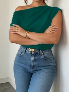 Elenzga Spring Summer Autumn Short Sleeve Asymmetric Shoulder Minimalist Soft Form Casual Formal Elegant Pleated Design Dark Green Plus Size Shirt - Dark Green - View 3