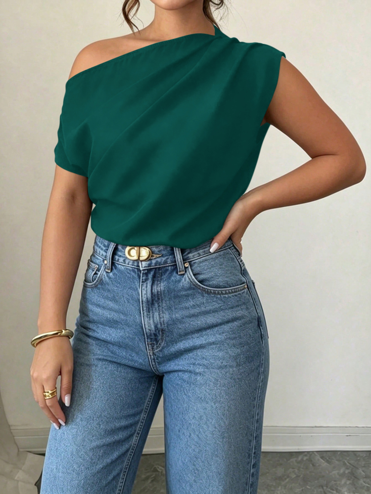 Elenzga Spring Summer Autumn Short Sleeve Asymmetric Shoulder Minimalist Soft Form Casual Formal Elegant Pleated Design Dark Green Plus Size Shirt - Dark Green - View 1