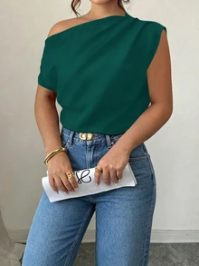 Elenzga Spring Summer Autumn Short Sleeve Asymmetric Shoulder Minimalist Soft Form Casual Formal Elegant Pleated Design Dark Green Plus Size Shirt - Dark Green - View 5