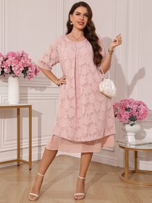 Miaspire Plus Size Women's Dusty Pink Elegant Summer Dress, Round Neck Solid Color Long Party Wedding Guest Dresses, Wedding Ninang Birthday Outfit - Dusty Pink - View 3
