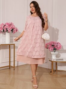 Miaspire Plus Size Women's Dusty Pink Elegant Summer Dress, Round Neck Solid Color Long Party Wedding Guest Dresses, Wedding Ninang Birthday Outfit - Dusty Pink - View 4