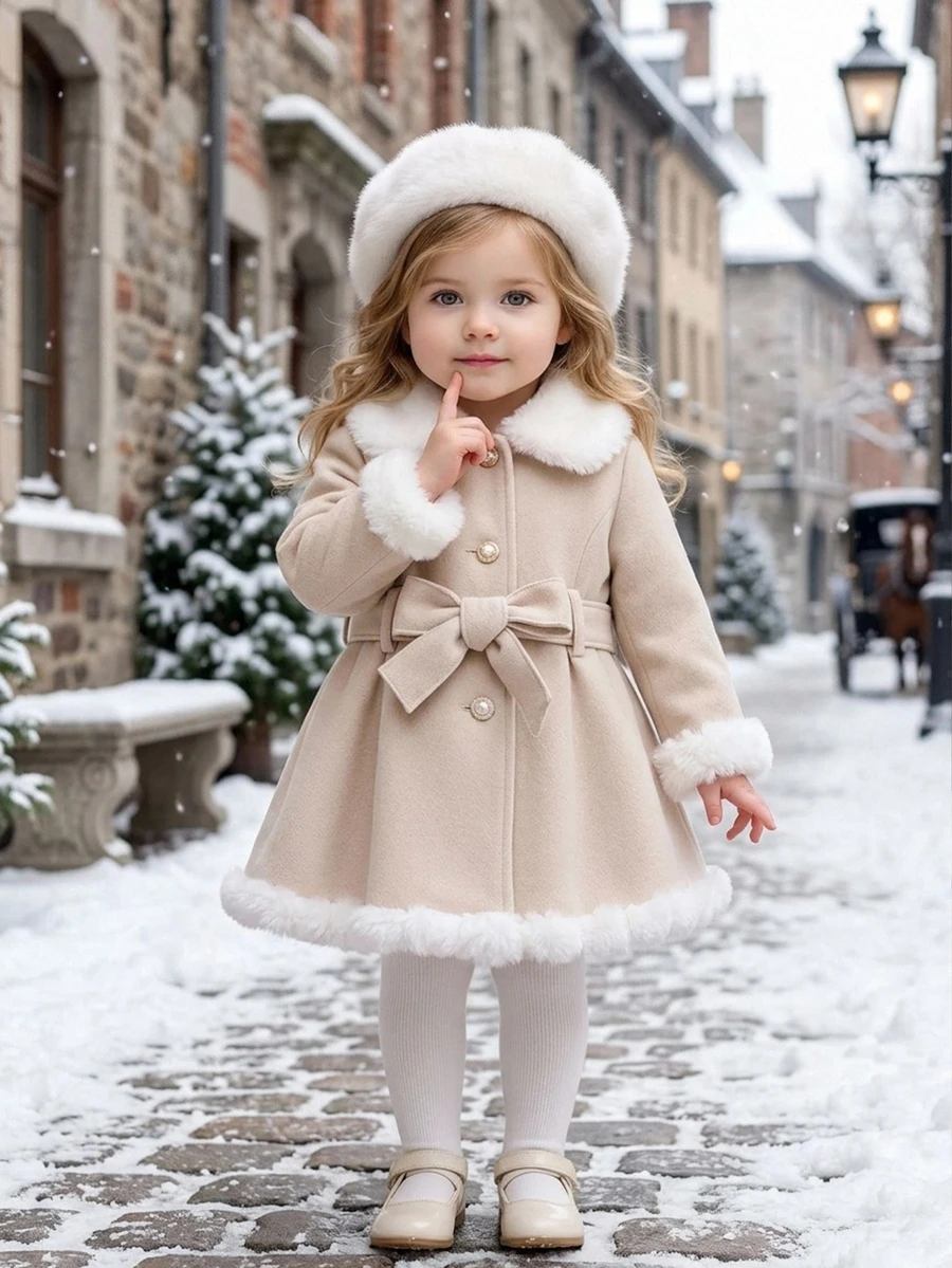 SHEIN Baby Girl Patchwork Plush Long Sleeve Single-Breasted Cute Jacket - Khaki - View 1