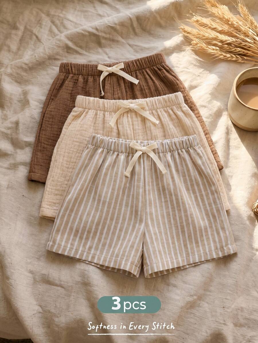 Cozy Pixies Set de 3 pantalones cortos con cintura elástica y cinta decorativa para niño, versátil y cómodo - Multicolor - Ver 1