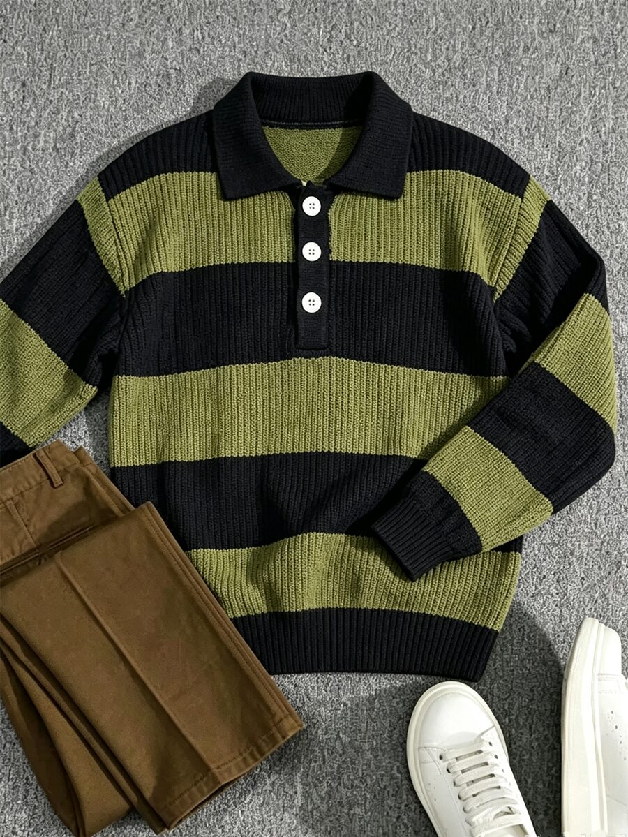 Manfinity Hypemode Men's Colorblock Casual Versatile Daily Wear Long Sleeve Sweater Long Sleeve Top - Army Green - View 1