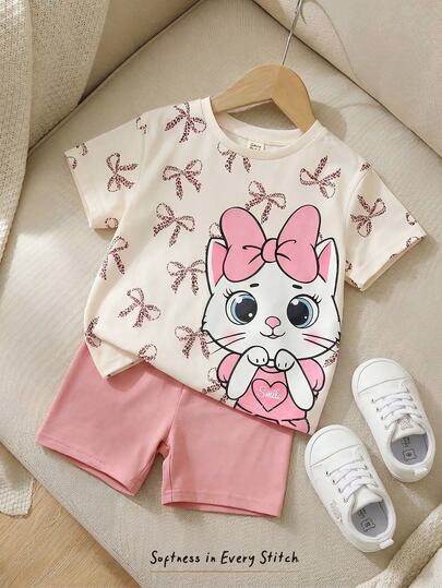 Cozy Pixies 2pcs Baby Girl Bow Knit Soft Round Neck Short Sleeve Top And Elastic Waist Shorts Set, Baby Girl