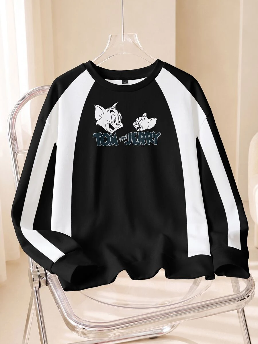 TOM & JERRY X SHEIN Men's Colorblock Patchwork Cartoon Print Sweatshirt - White - View 1