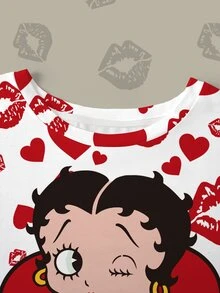 Betty Boop x SHEIN Plus Size Lip Print Heart Cartoon Graphic T-Shirt - White - View 5