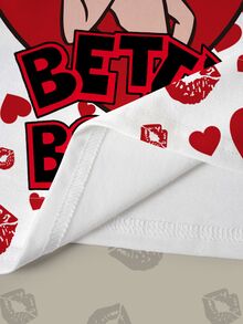 Betty Boop x SHEIN Plus Size Lip Print Heart Cartoon Graphic T-Shirt - White - View 7