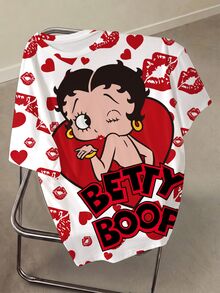 Betty Boop x SHEIN Plus Size Lip Print Heart Cartoon Graphic T-Shirt - White - View 1