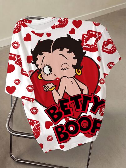 Betty Boop x SHEIN Plus Size Lip Print Heart Cartoon Graphic T-Shirt