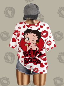 Betty Boop x SHEIN Plus Size Lip Print Heart Cartoon Graphic T-Shirt - White - View 3