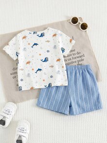Cozy Pixies Bộ 2 món cho bé trai, gồm áo polo tay ngắn cổ bẻ và quần short cạp chun in hình động vật hoạt hình, chất liệu mềm mại. - Nhiều màu - Xem 2