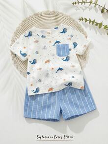 Cozy Pixies Bộ 2 món cho bé trai, gồm áo polo tay ngắn cổ bẻ và quần short cạp chun in hình động vật hoạt hình, chất liệu mềm mại. - Nhiều màu - Xem 1