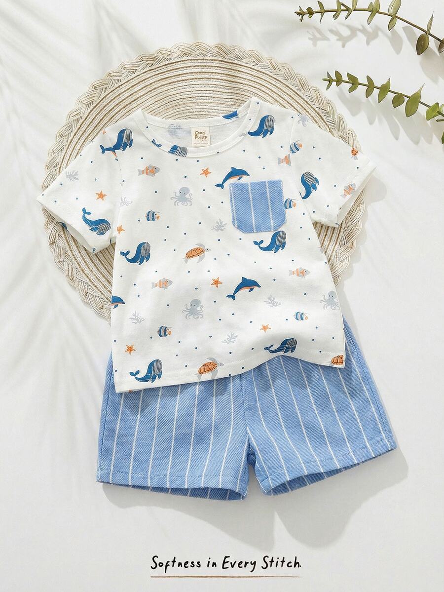 Cozy Pixies Bộ 2 món cho bé trai, gồm áo polo tay ngắn cổ bẻ và quần short cạp chun in hình động vật hoạt hình, chất liệu mềm mại. - Nhiều màu - Xem 1