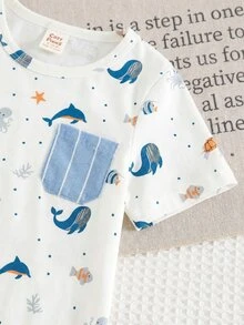 Cozy Pixies Bộ 2 món cho bé trai, gồm áo polo tay ngắn cổ bẻ và quần short cạp chun in hình động vật hoạt hình, chất liệu mềm mại. - Nhiều màu - Xem 8