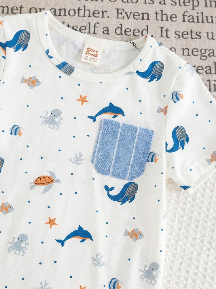 Cozy Pixies 2pcs Baby Boy Cartoon Animal Print Soft Knit Polo Collar Short Sleeve Top And Elastic Waist Shorts Set - Multicolor - View 7