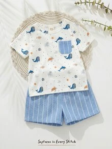 Cozy Pixies Bộ 2 món cho bé trai, gồm áo polo tay ngắn cổ bẻ và quần short cạp chun in hình động vật hoạt hình, chất liệu mềm mại. - Nhiều màu - Xem 10