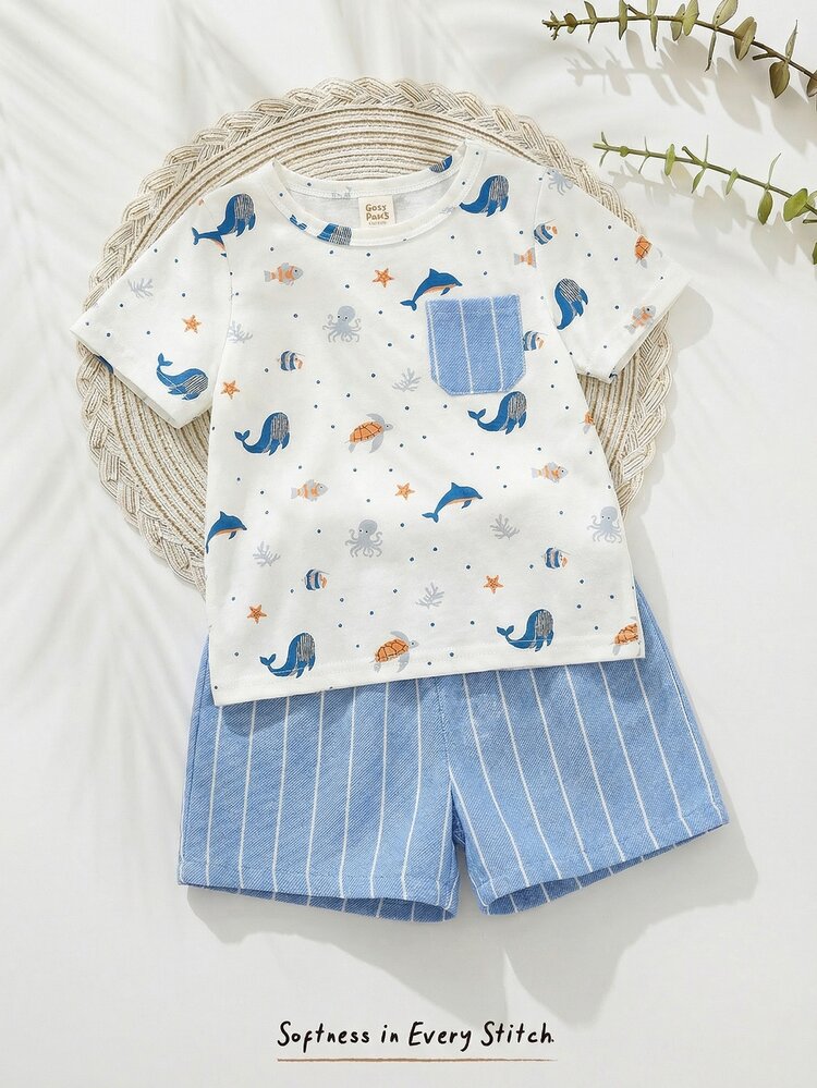 Cozy Pixies 2pcs Baby Boy Cartoon Animal Print Soft Knit Polo Collar Short Sleeve Top And Elastic Waist Shorts Set - Multicolor - View 10