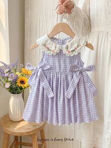 Cozy Pixies 女婴/幼儿格子卡通动物刺绣圆领无袖休闲连衣裙，百搭舒适，可爱甜美，卡通图案，童话风格，适合玩耍、居家、户外、日常穿着。 - 彩色 - 查看 6